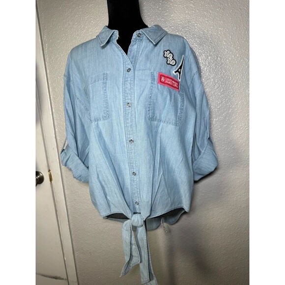 Karl Lagerfeld Tops - Karl Lagerfeld Paris Women's Blue Chambray Embroidered Button-Up XL